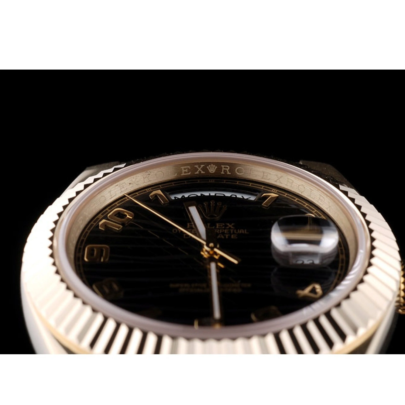 MiroTime 1024 Rolex Swiss DayDate Gold Stainless Steel Ribbed Bezel Black Dial 41998